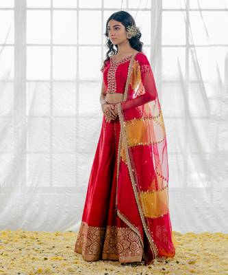 Cherry Red Silk Embroidered Lehenga Set 4