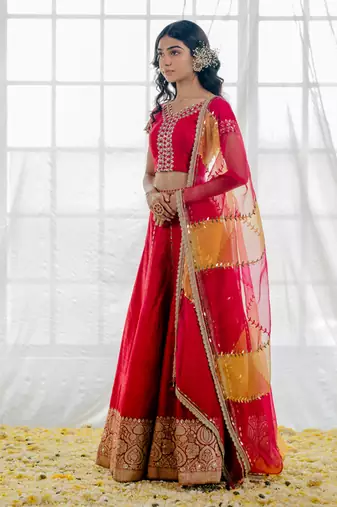 Cherry Red Silk Embroidered Lehenga Set
