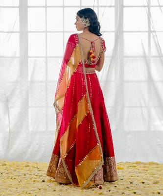 Cherry Red Silk Embroidered Lehenga Set 5