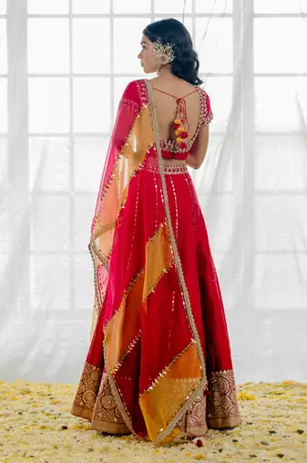 Cherry Red Silk Embroidered Lehenga Set