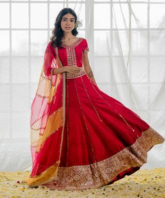 Cherry Red Silk Embroidered Lehenga Set 6