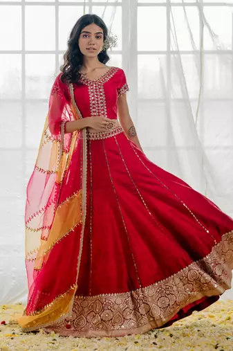 Cherry Red Silk Embroidered Lehenga Set