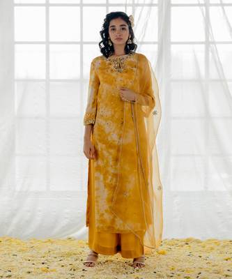 Mustard Georgette Embroidered Straight Kurta Set 1