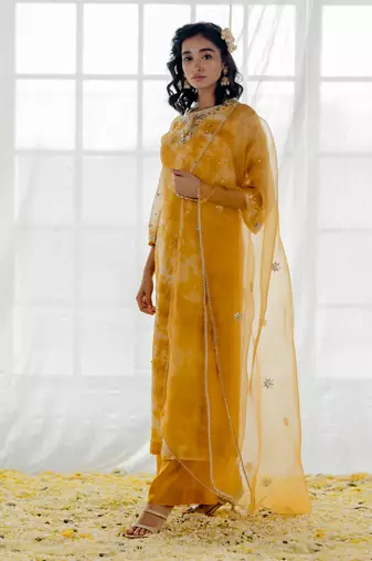 Mustard Georgette Embroidered Straight Kurta Set
