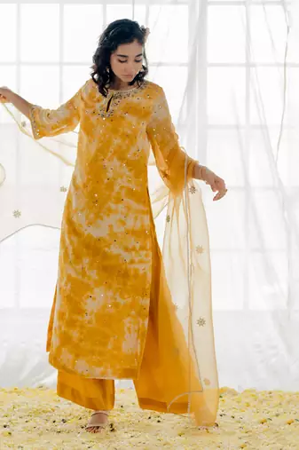 Mustard Georgette Embroidered Straight Kurta Set