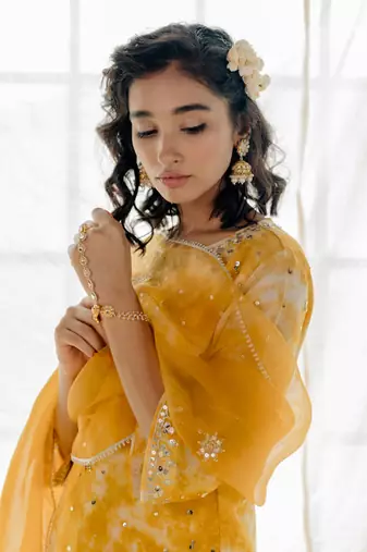 Mustard Georgette Embroidered Straight Kurta Set