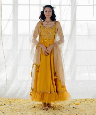 Mustard Silk Embroidered Anarkali Set 1