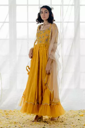 Mustard Silk Embroidered Anarkali Set