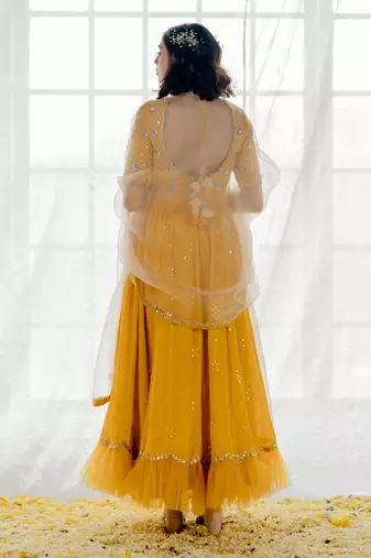 Mustard Silk Embroidered Anarkali Set