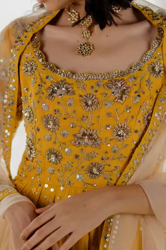Mustard Silk Embroidered Anarkali Set