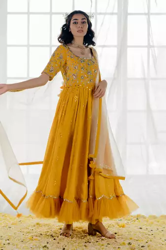 Mustard Silk Embroidered Anarkali Set