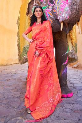 Peach Color Banarasi silk blend Saree With Zari Weaving Work 1