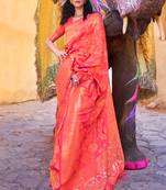 Peach Color Banarasi silk blend Saree With Zari Weaving Work