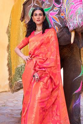 Peach Color Banarasi silk blend Saree With Zari Weaving Work 3
