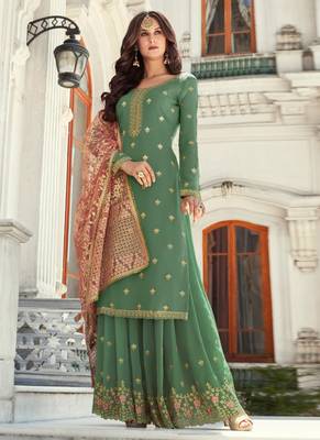Green Embroidered Georgette Salwar Free size full stitched Up To 42" Size 1