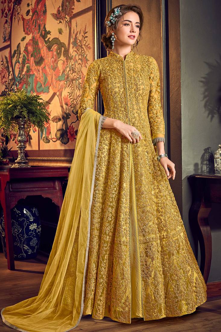 Mustard Embroidered Net Salwar Up To 42" Size