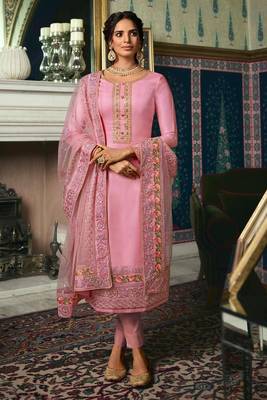 Pink Embroidered Tussar Silk Salwar Up To 42" Size 1