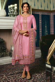 Pink Embroidered Tussar Silk Salwar Up To 42" Size