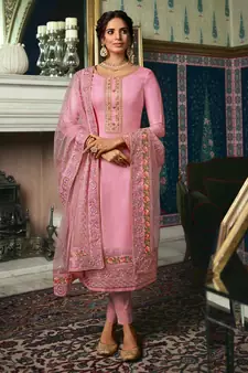 Pink Embroidered Tussar Silk Salwar Up To 42" Size
