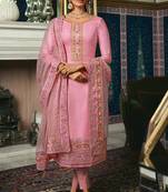 Pink Embroidered Tussar Silk Salwar Up To 42" Size