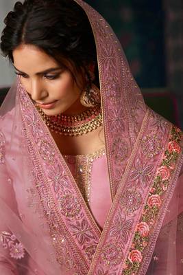 Pink Embroidered Tussar Silk Salwar Up To 42" Size 2