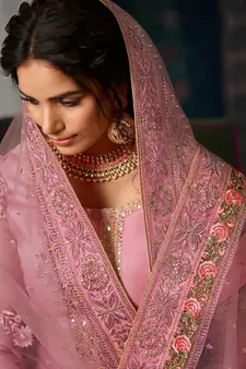 Pink Embroidered Tussar Silk Salwar Up To 42" Size