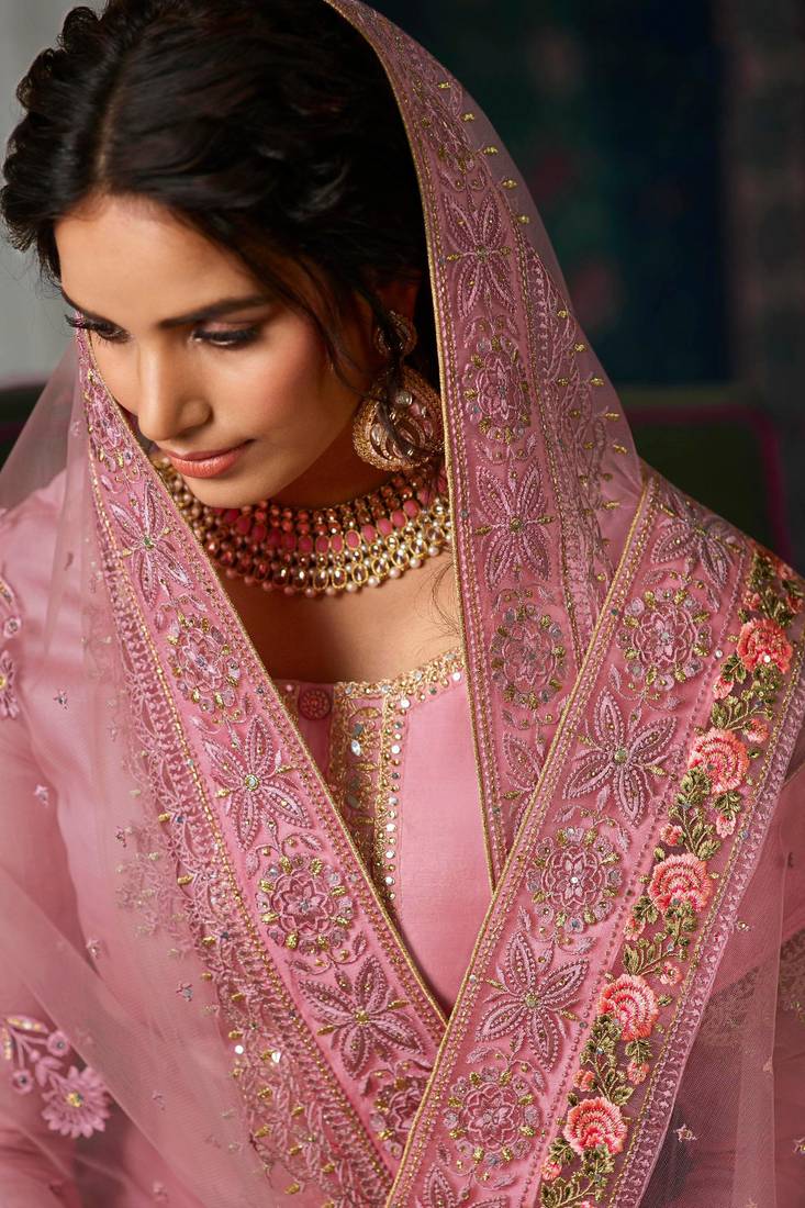 Pink Embroidered Tussar Silk Salwar Up To 42" Size