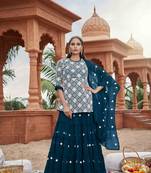 Teal-blue embroidered faux georgette salwar
