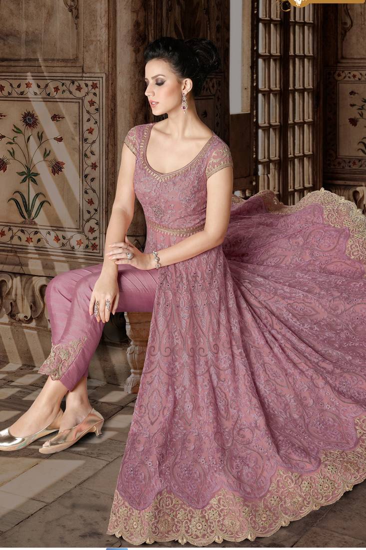 Pink Embroidered Georgette Salwar Up To 42" Size