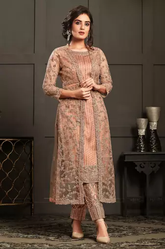 Beige Embroidered Net Salwar Up To 42" Size