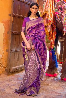 Women'S Silk Blend Purple Embellished Handloom Saree With Unstitched Blouse 1