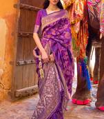 Women'S Silk Blend Purple Embellished Handloom Saree With Unstitched Blouse