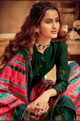 Green Embroidered Cotton Silk Salwar Free size full stitched Up To 42" Size 2