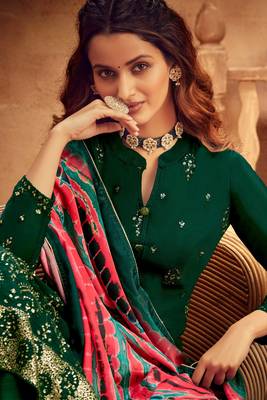 Green Embroidered Cotton Silk Salwar Free size full stitched Up To 42" Size 3