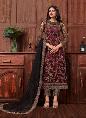 Maroon Embroidered Net Salwar Free size full stitched Up To 42" Size 1