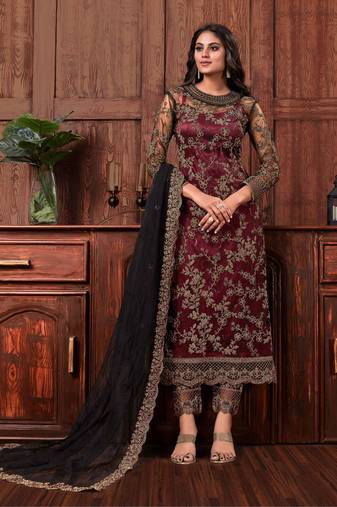 Maroon Embroidered Net Salwar Free size full stitched Up To 42" Size