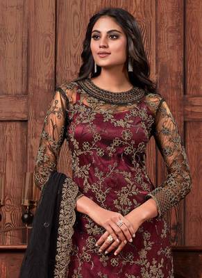 Maroon Embroidered Net Salwar Free size full stitched Up To 42" Size 2