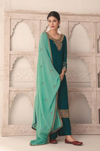 Teal-Blue Embroidered Georgette Salwar Free size full stitched Up To 42" Size