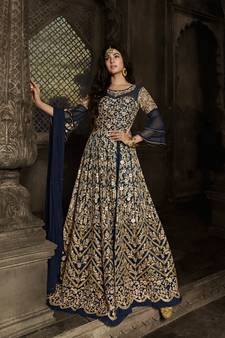 Blue Embroidered Net Salwar Up To 42" Size