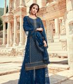 Blue Embroidered Georgette Salwar Free size full stitched Up To 42" Size