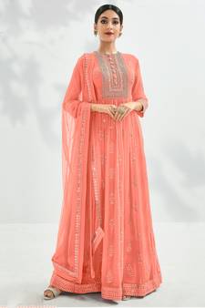 Light-Orange Embroidered Georgette Salwar Up To 42" Size