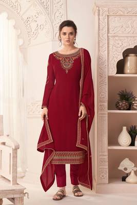 Maroon Embroidered Georgette Salwar Free size full stitched Up To 42" Size 1