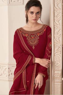 Maroon Embroidered Georgette Salwar Free size full stitched Up To 42" Size 3