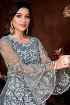 Grey Colour Semi Stitched Anarkali Suit For Party