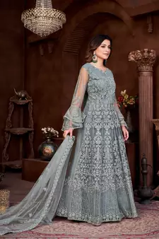 Grey Colour Semi Stitched Anarkali Suit For Party
