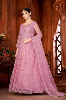 Dusty Pink Colour Semi Stitched Anarkali Suit For Party