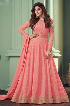 Pink Embroidered Georgette Salwar Up To 42" Size