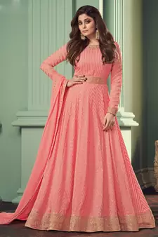 Pink Embroidered Georgette Salwar Up To 42" Size