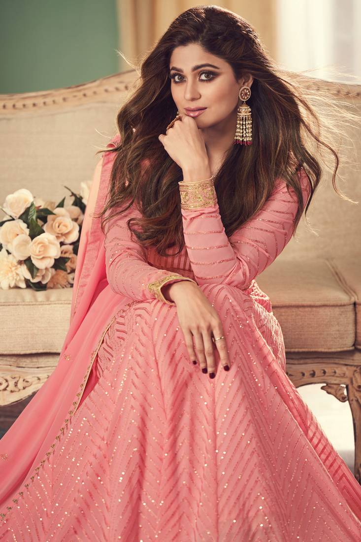 Pink Embroidered Georgette Salwar Up To 42" Size