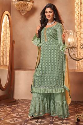 Green Embroidered Georgette Salwar Free size full stitched Up To 42" Size 1
